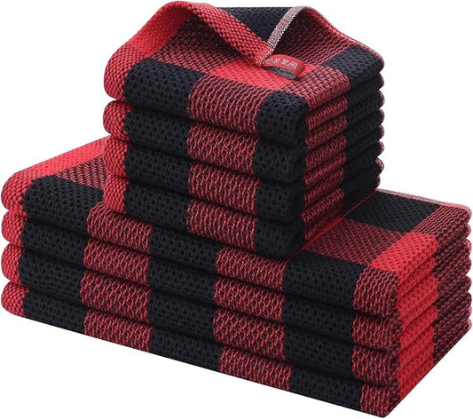 Homaxy Kitchen Towels and Dishcloths Set, 12 x 12 and 13 x 28 Inches, Set of 8 100% Cotton Waffle Weave Check Plaid Kitchen Dish Towels, Super Soft and Absorbent Dish Cloths, Black & Red
