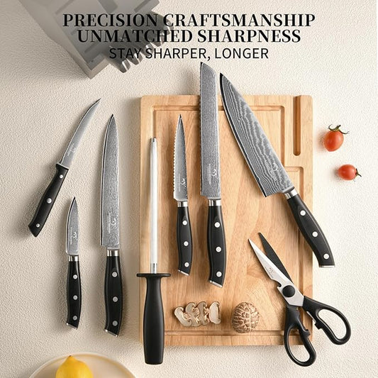 NANFANG BROTHERS Damascus Kitchen Knife Set 14 Pieces with Shears & Sharpener - VG10 Damascus Steel, ABS Ergonomic Handle, Wooden Block Storage Black