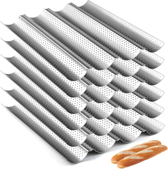Mifoci 6 Pcs Baguette Bread Pan Nonstick Perforated Baguette Pan 15" x 13" Carbon Steel Mold 4 Wave Loaves Loaf Oven Tray for Sourdough French Bread Baking(Silver)