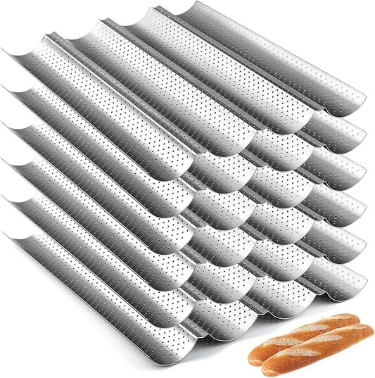 Mifoci 6 Pcs Baguette Bread Pan Nonstick Perforated Baguette Pan 15" x 13" Carbon Steel Mold 4 Wave Loaves Loaf Oven Tray for Sourdough French Bread Baking(Silver)