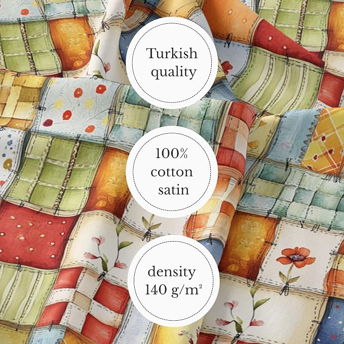 Patchwork Cotton Fabric Panel 61 x 36.6 Inches, Floral Quilt Style Squares, Soft Multicolor Design, 100% Cotton 140 GSM, Sewing Quilting Fabric