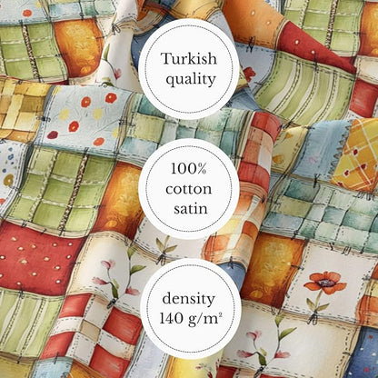 Patchwork Cotton Fabric Panel 61 x 36.6 Inches, Floral Quilt Style Squares, Soft Multicolor Design, 100% Cotton 140 GSM, Sewing Quilting Fabric