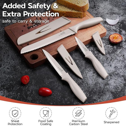 Onader 12 Pieces Khaki Knife Set for Kitchen, Sharp Stainless Steel Cooking Knife Set with Sheath Covers