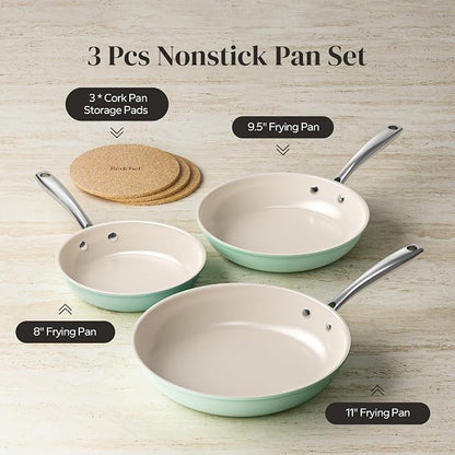 Redchef Ceramic Nonstick Pan Set, Ceramic Frying Pans with Ergonomic Stainless Steel Handles, PFOA PFAS PTFE Free, Induction Ready Cookware with 3 Cork Pads, Oven Safe, Mint Green（8+9.5+11"）
