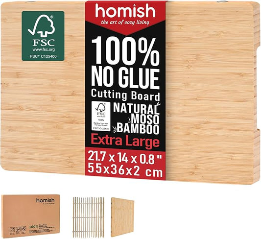 XL Bamboo Cutting Board with Handle – Extra Large Wood Chopping Board for Meat, Cheese, Serving – TRULY Glue-Free, Pre-Oiled Kitchen Boards 21.7"X14"/ 55x36cm - Dishwasher Safe [New 2026 Upgrade]