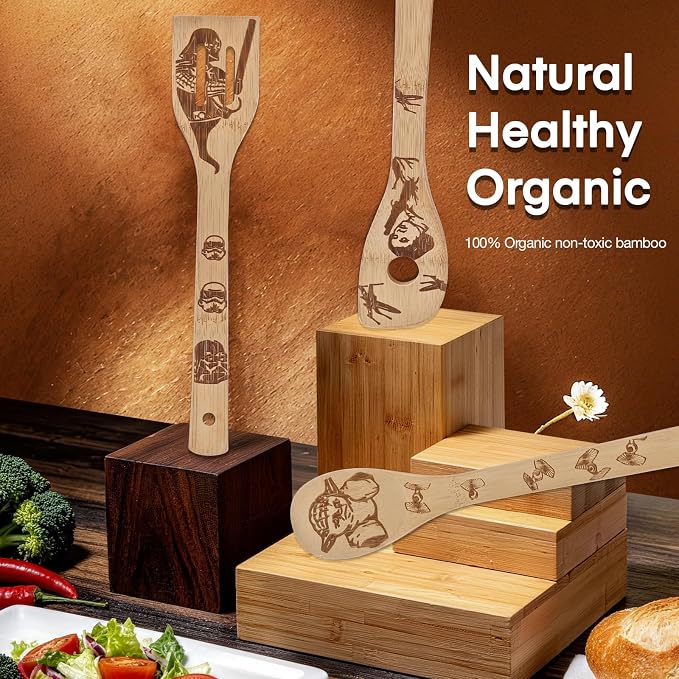Star Warz Wooden Cooking Utensils Set,5-Piece Wooden Spoons and Spatulas for Cooking, Heat Resistant Kitchen Tools for Nonstick Cookware, Space Fans