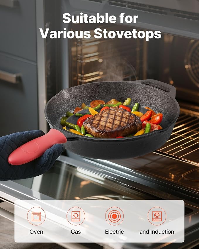 VEVOR Cast Iron Skillet, 4-Piece Frying Pan Set (6, 8, 10, 12 in), Skillets with Heat-Resistant Silicone Handle, Pre-Seasoned Chef's Pan, Kitchen Cookware, for Oven, Gas, Electrical, Induction, Black