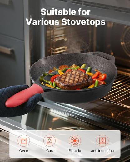 VEVOR Cast Iron Skillet, 4-Piece Frying Pan Set (6, 8, 10, 12 in), Skillets with Heat-Resistant Silicone Handle, Pre-Seasoned Chef's Pan, Kitchen Cookware, for Oven, Gas, Electrical, Induction, Black