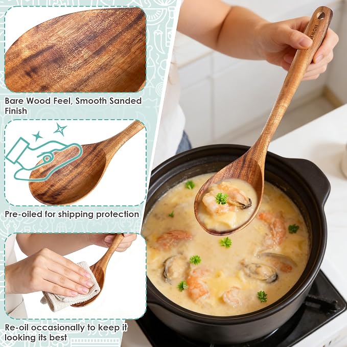 HOWHONG Wooden Cooking Spoon, Long Handle Acacia Wood Spoon for Cooking, Deep Solid Spoon for Soup, Sauce and Stirring, Smooth Finish, Nonstick Cookware Safe, Bare Wood Feel for Daily Kitchen Use