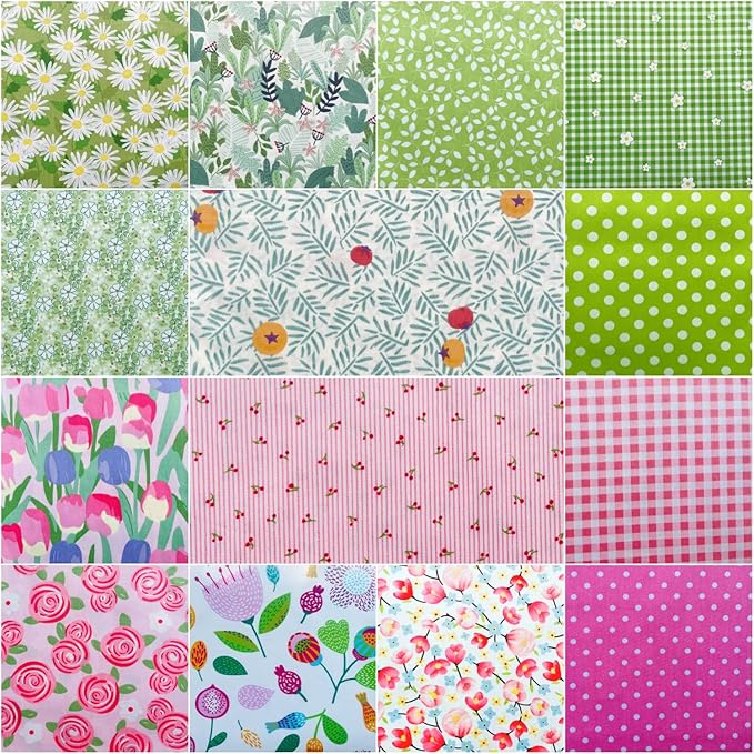 42-8" Precut Quilt Cotton Fabric Squares for Quilting Clearance Sewing DIY Project Floral Fabric Squares (Green Pink)