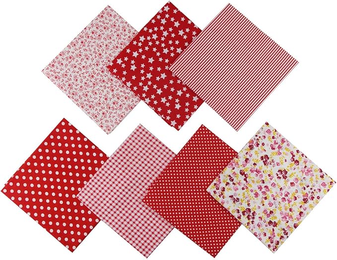 7PCS Different Patterns Printed Cotton Fabric Squares 50 cm x 50 cm Handmade Craft Cloths Bundle for Sewing Patchwork, Quilting, DIY Scrapbooking Tissue (Red)