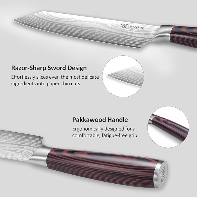 PAUDIN Kiritsuke Knife, 8 Inch Japanese Chef's Knife – High Carbon Stainless Steel Kitchen Knife with Ergonomic Pakkawood Handle & Protective Sheath, Great Gift for Men Women