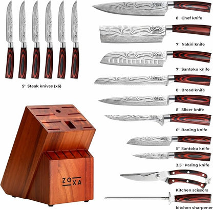 Kitchen Knife Set with Block, 17-Piece Stainless Steel Knife Set, Kitchen Knives Including Chef Knife, Steak Knives, Honing Rod and Kitchen Scissors, Knife Block Set