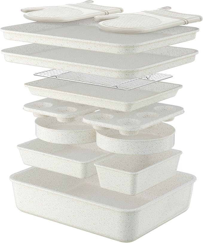 Wildone 13-Piece Baking Pans Set Nonstick - Stackable Bakeware Sets Including Cookie Sheets for Baking, Rack, Muffin Pan, Cake pan, Loaf Pan, Roasting Pan, Heavy Duty & Easy Clean, White