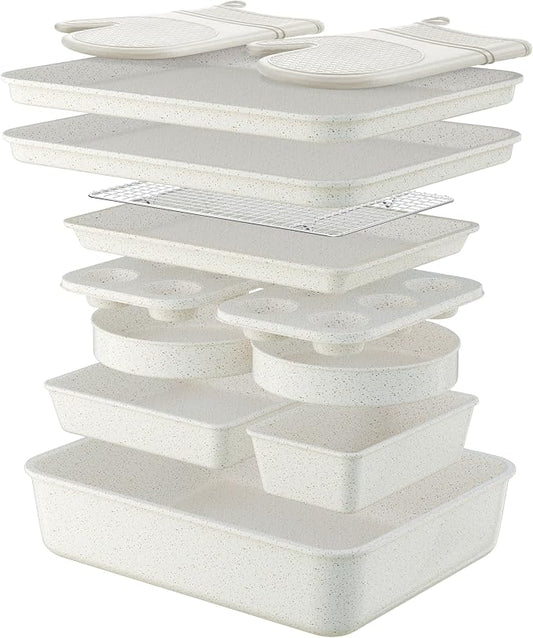 Wildone 13-Piece Baking Pans Set Nonstick - Stackable Bakeware Sets Including Cookie Sheets for Baking, Rack, Muffin Pan, Cake pan, Loaf Pan, Roasting Pan, Heavy Duty & Easy Clean, White