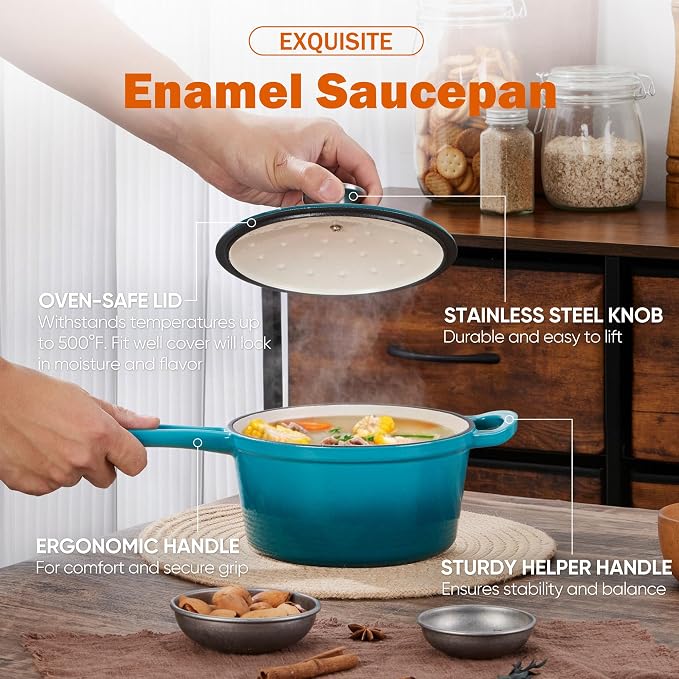 Homikit 1 QT & 2 QT Saucepan Set, Enameled Cast Iron Saucepan with Lid for All Cooktops, Small Pot Mini Dutch Oven for Kitchen Cooking, Boiling, Nonstick & Heavy Duty, Teal Ombre