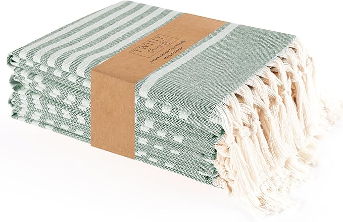 TWINY threads Set of 4 100% Cotton Turkish Kitchen Towels with Hanging Loop & Tassels (18" X 28") | Ultra Washcloth with Fringes | Reusable Hand Towels - Olive Green