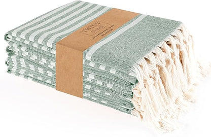 TWINY threads Set of 4 100% Cotton Turkish Kitchen Towels with Hanging Loop & Tassels (18" X 28") | Ultra Washcloth with Fringes | Reusable Hand Towels - Olive Green