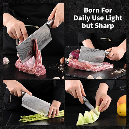2 Pieces Knife Set Cleaver Knife and Paring knives,Stainless Steel Fruit Meat Knife with Damascus Pattern,Anti-Slip Hollow Handle