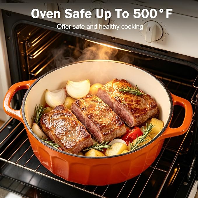 Enameled Cast Iron Dutch Oven with Lid, 6 QT Cast Iron Dutch Oven Pot, Dual Handles for Bread Baking, Cook, Bake, Oven Safe across All Cooktops (Orange, 6 QT)