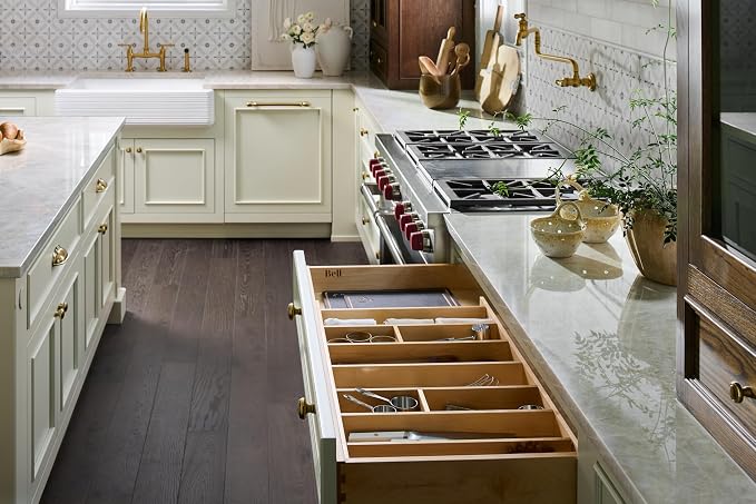 Rev-A-Shelf Trim-to-Custom-Fit Silverware Drawer Organizer For Kitchen Utensils, Cutlery Cabinet Storage Divider Insert, 33.11 x 21.97 In, Maple Wood, 4WUT-36-1