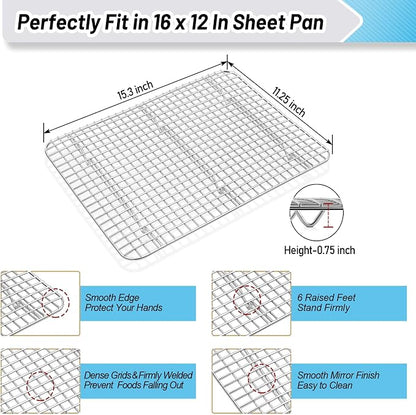 TeamFar Cookies Sheet with Rack, 16 x 12 x 1 Inch Stainless Steel Baking Sheet Tray Pans with Grid Wire Racks for Cooling Baking Roasting, Non-Toxic & Heavy Duty, Dishwasher Safe, 2 Pans + Racks