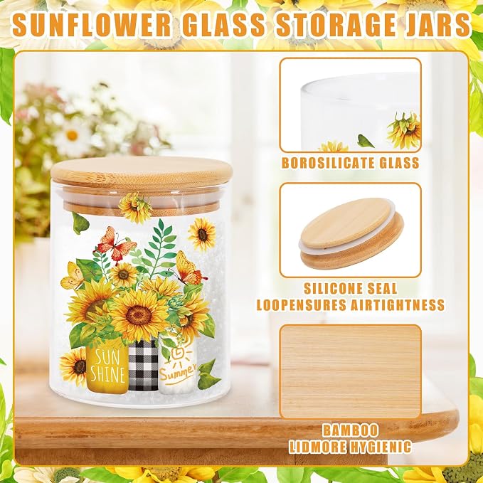 JarThenaAMCS 3Pcs Sunflower Glass Storage Jars with Airtight Lid Watercolor Floral Gnome Truck Candy Cookie Canisters Sets for Spring Summer Home Kitchen Countertop Decorations