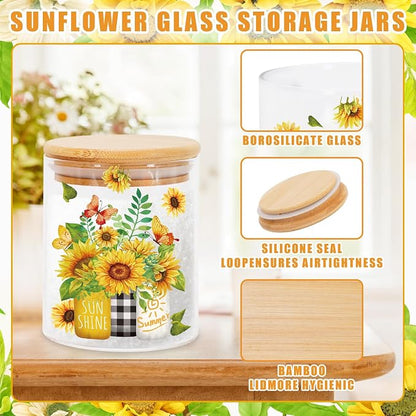 JarThenaAMCS 3Pcs Sunflower Glass Storage Jars with Airtight Lid Watercolor Floral Gnome Truck Candy Cookie Canisters Sets for Spring Summer Home Kitchen Countertop Decorations