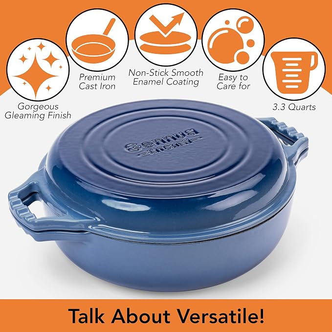 2-in-1 Enameled Cast Iron Braiser Pan with Grill Lid - 3.3-Quart Small Dutch Oven, Serves as Both Casserole & Stovetop Grill Pan, Cast Iron Cookware