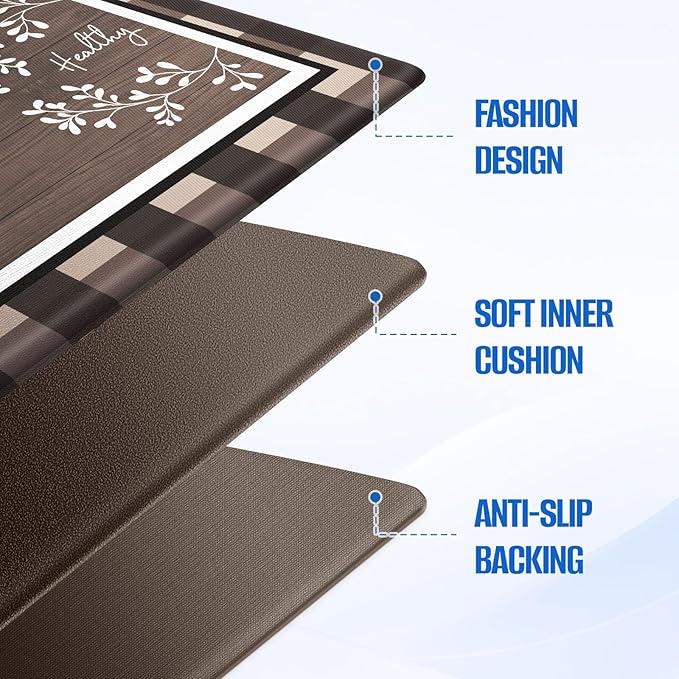 Kitchen Rugs, 2 PCS Kitchen Mats for Floor, Cushioned Non-Slip Anti Fatigue Mats for Kitchen Floor, Kitchen Runner Rugs for Standing Desk, Office, Laundry(17.3’’x 30’’+ 17.3’’x 70’’, Brown