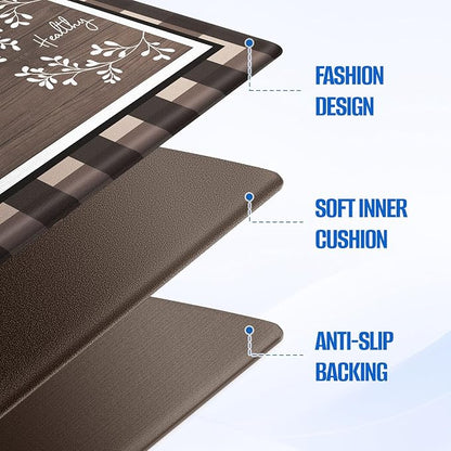 Kitchen Rugs, 2 PCS Kitchen Mats for Floor, Cushioned Non-Slip Anti Fatigue Mats for Kitchen Floor, Kitchen Runner Rugs for Standing Desk, Office, Laundry(17.3’’x 30’’+ 17.3’’x 70’’, Brown
