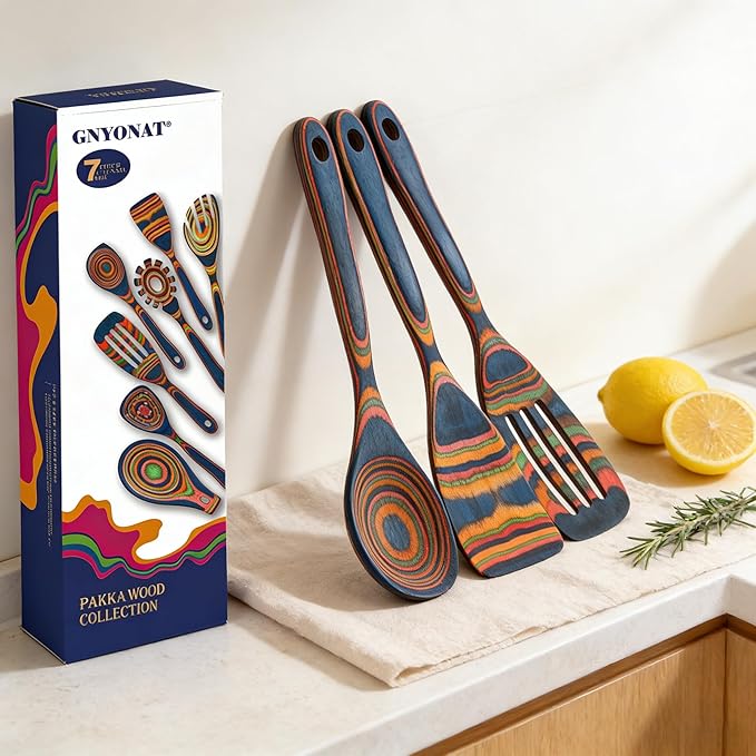 Pakkawood Blue Wooden Kitchen Utensil Set, 7-Piece Cooking Spoons, Non-Stick Colorful Serving Tools with Decorative Pattern