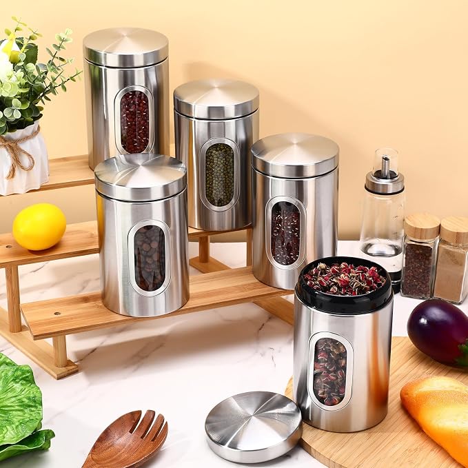 Zopeal 6 Pack Original Canisters Sets for Kitchen 50oz Stainless Steel Kitchen Canisters with Transparent Windows Flour Sugar Container Metal Jar Countertop Set for Coffee Tea Decorative