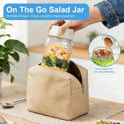 [UPGRADE] 1 Pack Glass Salad Jar with Silicone Divider Container for Meal Prep, Airtight Container for Lunch w Fork, Divider Separation for Dressing & Dry Ingredients, 32oz Overnight Oats Mason Jars