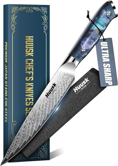 Huusk Japanese Kitchen Utility Knife 5" - Stainless Small Chef Knife with Resin Handle & Sheath, Full Tang Japanese Petty Knives for All Purpose, Sharp Paring Knives for Vegetable & Fruit, Men Gifts