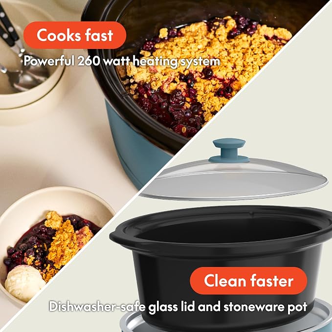 bella 6.0 Qt Manual Slow Cooker, Ceramic Nonstick Coating, 3 Temperature Settings, Dishwasher Safe Stoneware Pot and Tempered Glass Lid, Cool Touch Handles & Tangle Free Cord Wrap, Surf