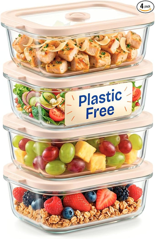 Ziruma Non-Toxic 1.5 cup Glass Food Storage Containers with Lids - Overnight Oats, Plastic Free Meal Prep, Reusable, Airtight, Microwave and Freezer Safe, 4 Pack