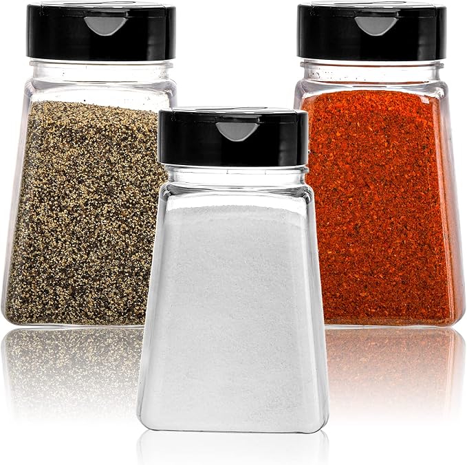 Tebery 24 Pack 9 Oz Plastic Spice Jars with Black Cap, Reusable Seasoning Containers Bottles for Kitchen Organization, Clear Plastic Spice Container with Shaker Lids for Spices Powders Herbs