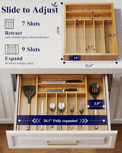 Kitsure Silverware Organizer - Expandable Bamboo Kitchen Drawer Organizer for Cooking Utensils and Cutlery, Sturdy & Thickened Kitchen Organizers and Storage Solution, XX-Large, Natural