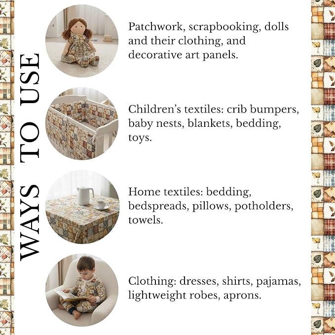 Patchwork Cotton Fabric Panel 61 x 36.6 Inches, Autumn Leaves Quilt Style Pattern, Rustic Brown Beige Blue Design, 100% Cotton 140 GSM