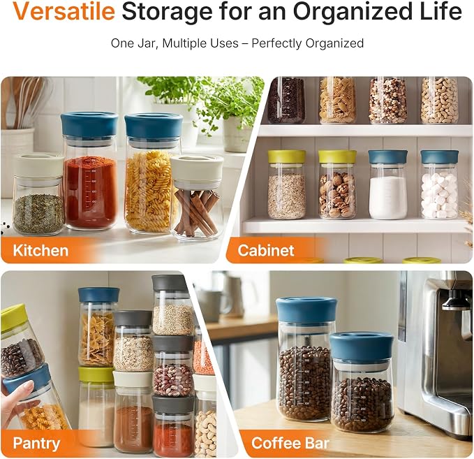 Airtight Food Jar with Blue Rotary Lid, 27oz Borosilicate Food Storage Canisters with Measurement Marks, Wide Mouth Pantry Jar for Kitchen, Counter, Coffee Beans, Oats, Cereal, Pasta, Cookie