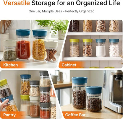 Airtight Food Jar with Blue Rotary Lid, 27oz Borosilicate Food Storage Canisters with Measurement Marks, Wide Mouth Pantry Jar for Kitchen, Counter, Coffee Beans, Oats, Cereal, Pasta, Cookie