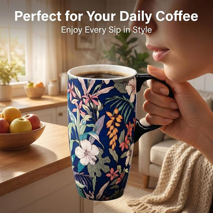 Topadorn 17oz Tropical Hibiscus Ceramic Travel Mug with Lid, Navy Floral Coffee Cup, Exotic Flower Mug, Microwave & Dishwasher Safe, Gift Box Included