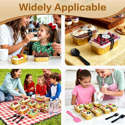 Mini Cake Pans With Lids And Spoons,5.5 oz Rectangle Mini individual Loaf Pans Disposable Aluminum Foil Small Baking Cups Tins (100, Gold)