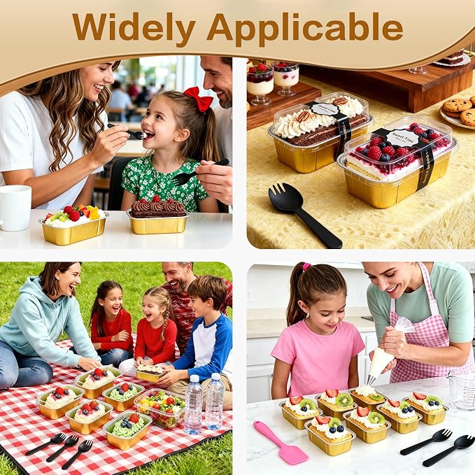 Mini Cake Pans With Lids And Spoons,5.5 oz Rectangle Mini individual Loaf Pans Disposable Aluminum Foil Small Baking Cups Tins (200, Gold)