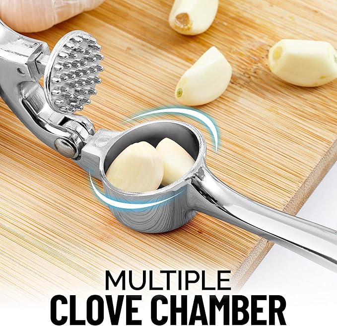 Zulay Kitchen Premium Garlic Press - Durable Garlic Masher with Soft, Easy to Squeeze Handle - Garlic Mincer Tool - Sturdy Easy to Clean Garlic Crusher (Chrome)