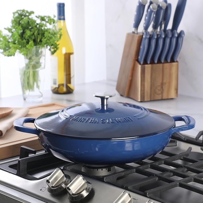 Martha Stewart Gatwick Enameled Cast Iron Braiser with Lid, 3.5-Quart Braiser Pan for Stovetop & Oven, Cast Iron Braising Pan, Blue
