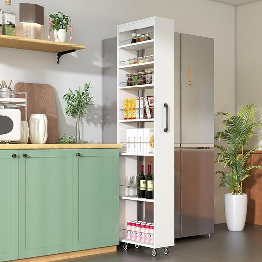 7 Tier Pull Out Cabinet Organizer, Pull Out Spice Rack, Rolling Kitchen Pantry Storage Cabinet, Open Shelf for Kitchen, Narrow Spaces, Wood Spice Rack Next to Fridge, White