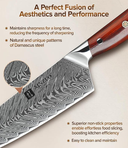 XINZUO 5 Pcs Knife Set, Professional Super Damscus Steel Kitchen Knife Set, Ultra Sharp Blade, Natural Rose Handle, Chef Gift Box-Yi Series