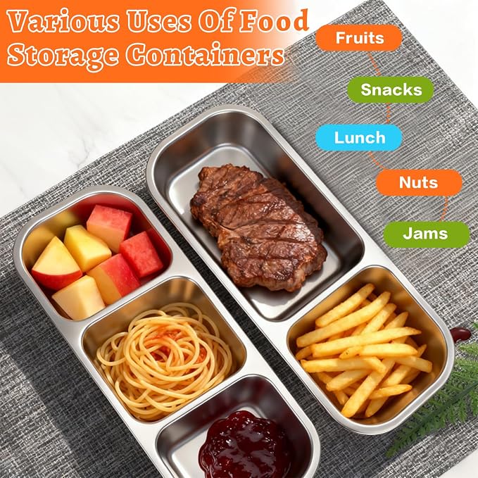 4 Pack Stainless Steel Lunch Containers with Lids, 2-Compartments Snack Container & Lunch Box, Reusable Clear Lid Snack Containers Set, Meal Prep Lunch Box (24 oz / 700ml)
